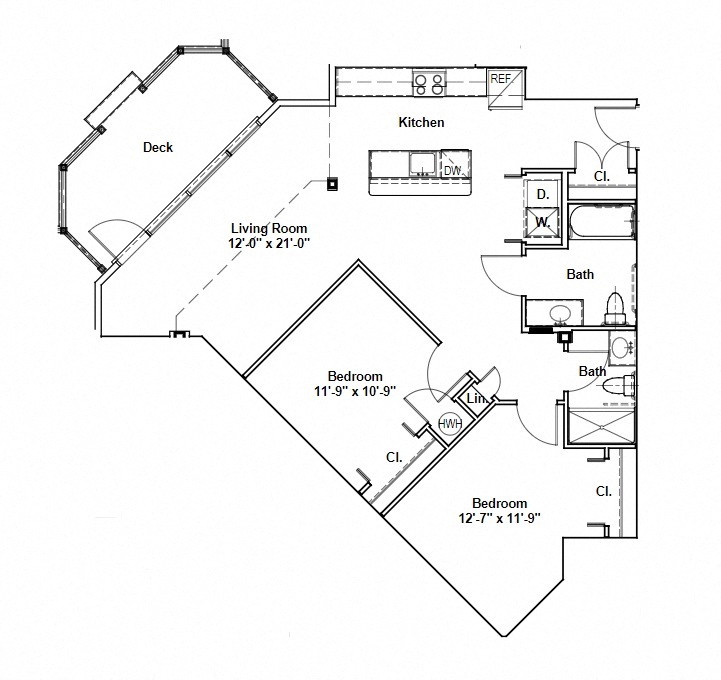 Floor plan for 2 beds, 2 baths, 1078 sqft